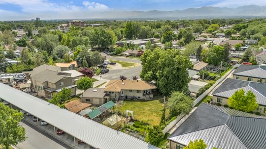 Aerial perspective showcasing a residential neighborhood with varied architectural styles
