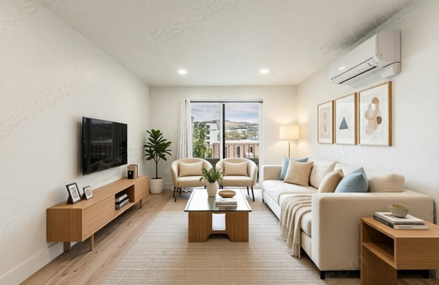 Living area with wood-finish flooring, recessed lighting, and white walls