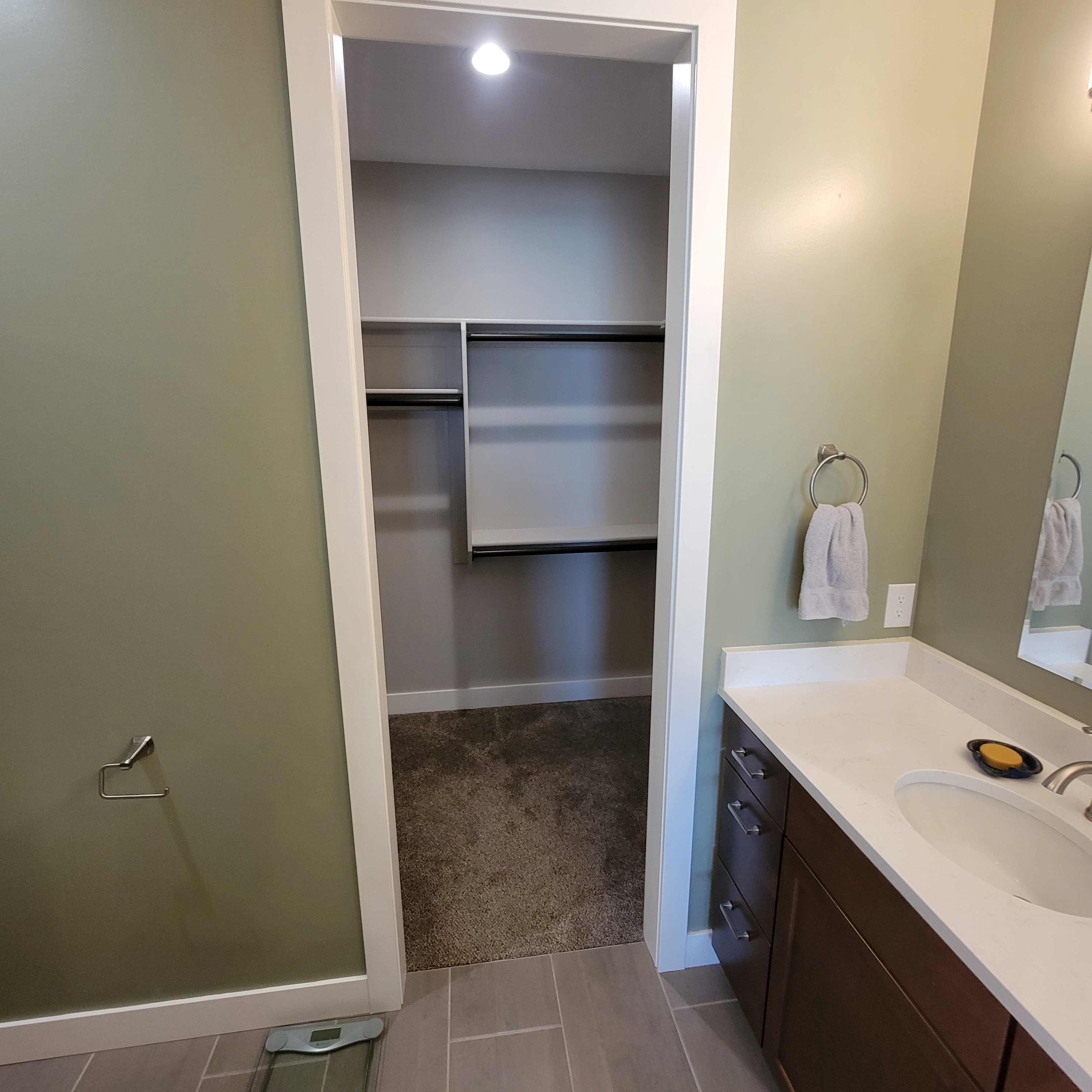 Walk-in closet with integrated shelving and hanging rods