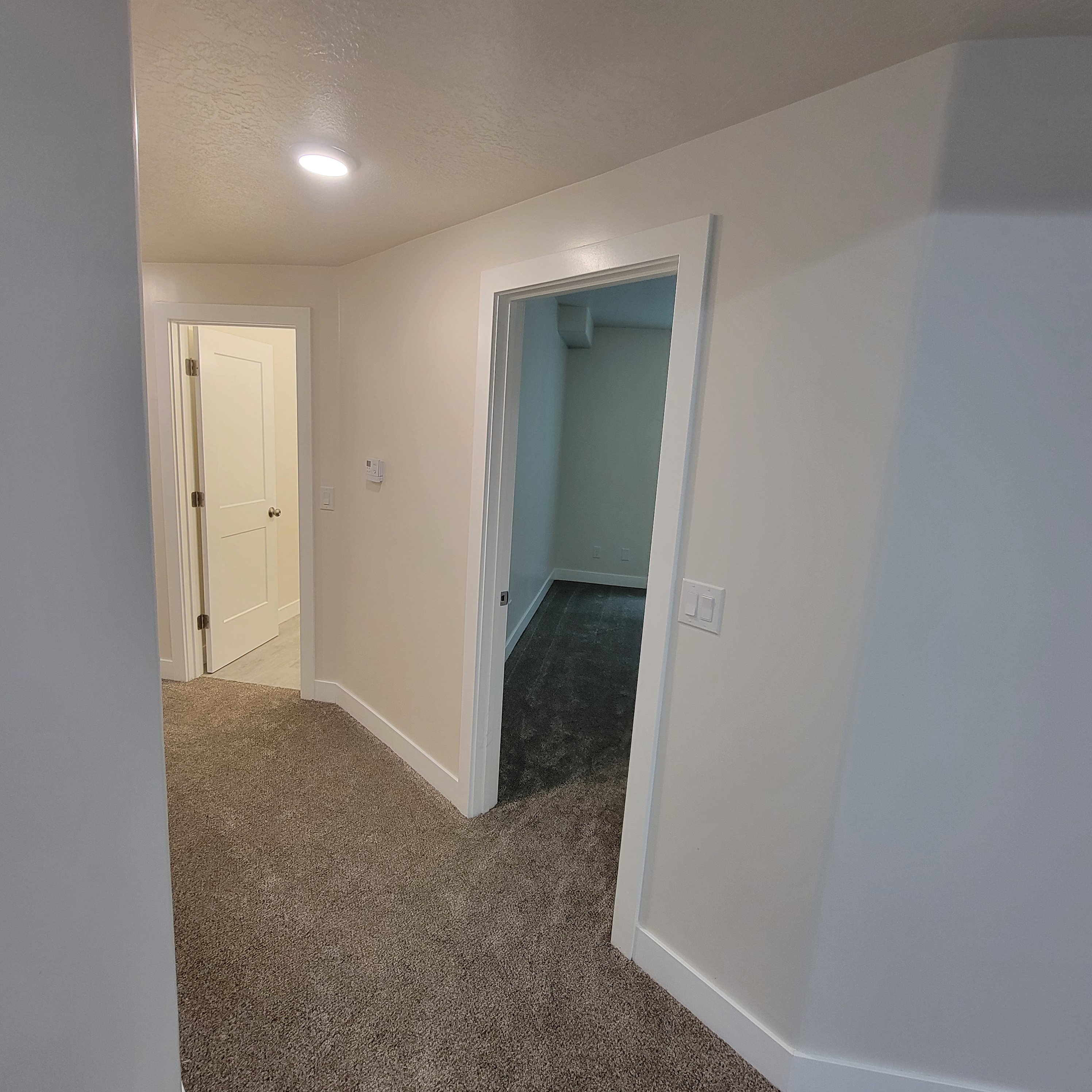 Carpeted hallway featuring bright white walls, recessed ceiling lighting, and two doorways with white trim