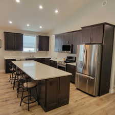 Spacious kitchen featuring an expansive island with seating, dark wood cabinetry, light wood-finish flooring, recessed lighting, and stainless steel appliances