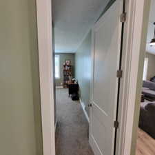 Hallway featuring light green painted walls, white trim, and carpet flooring