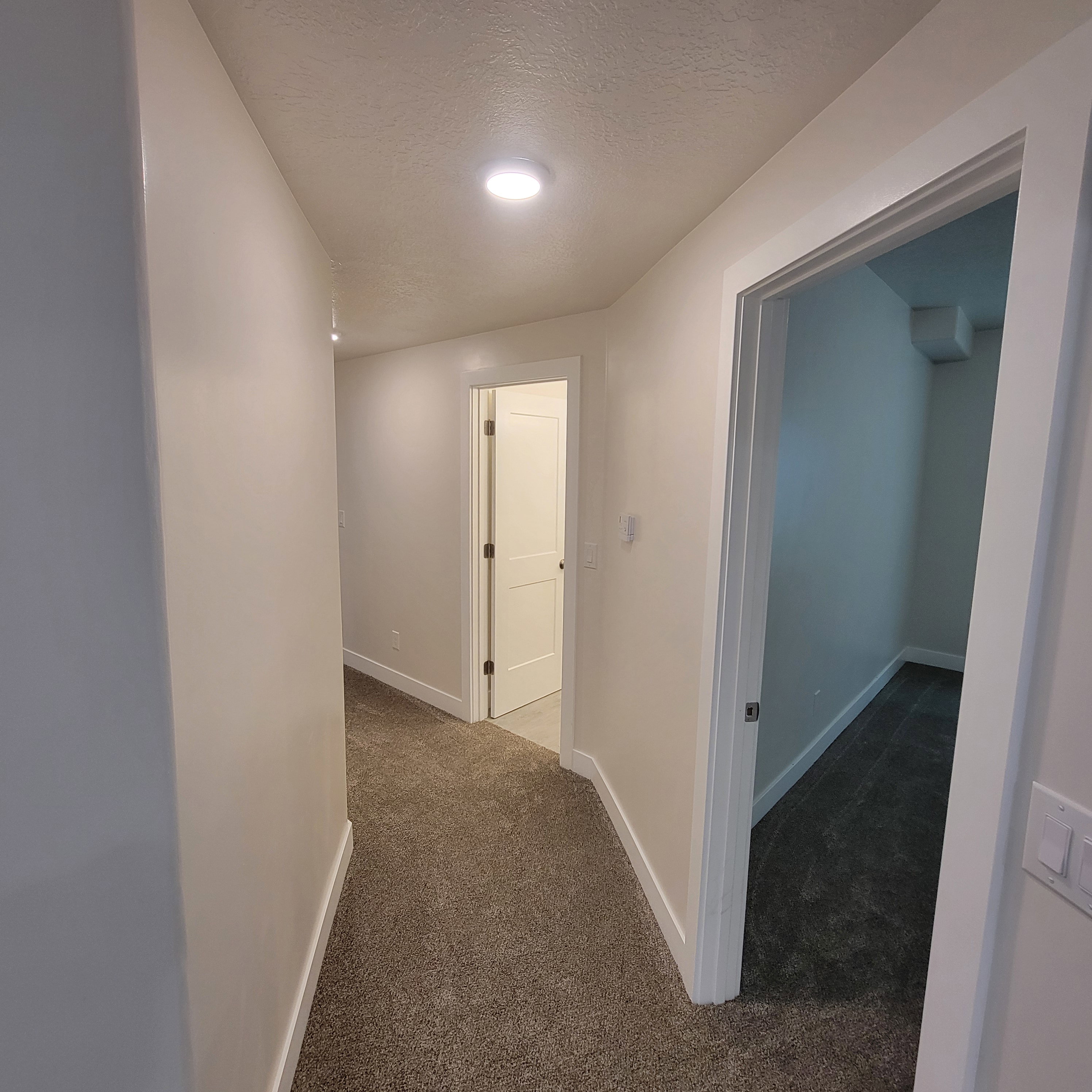 Neutral-toned hallway featuring recessed ceiling lighting and plush carpeting