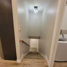 Carpeted staircase descending from a wood-finish flooring landing, featuring a contemporary ceiling light fixture, a wooden handrail, and white baseboards