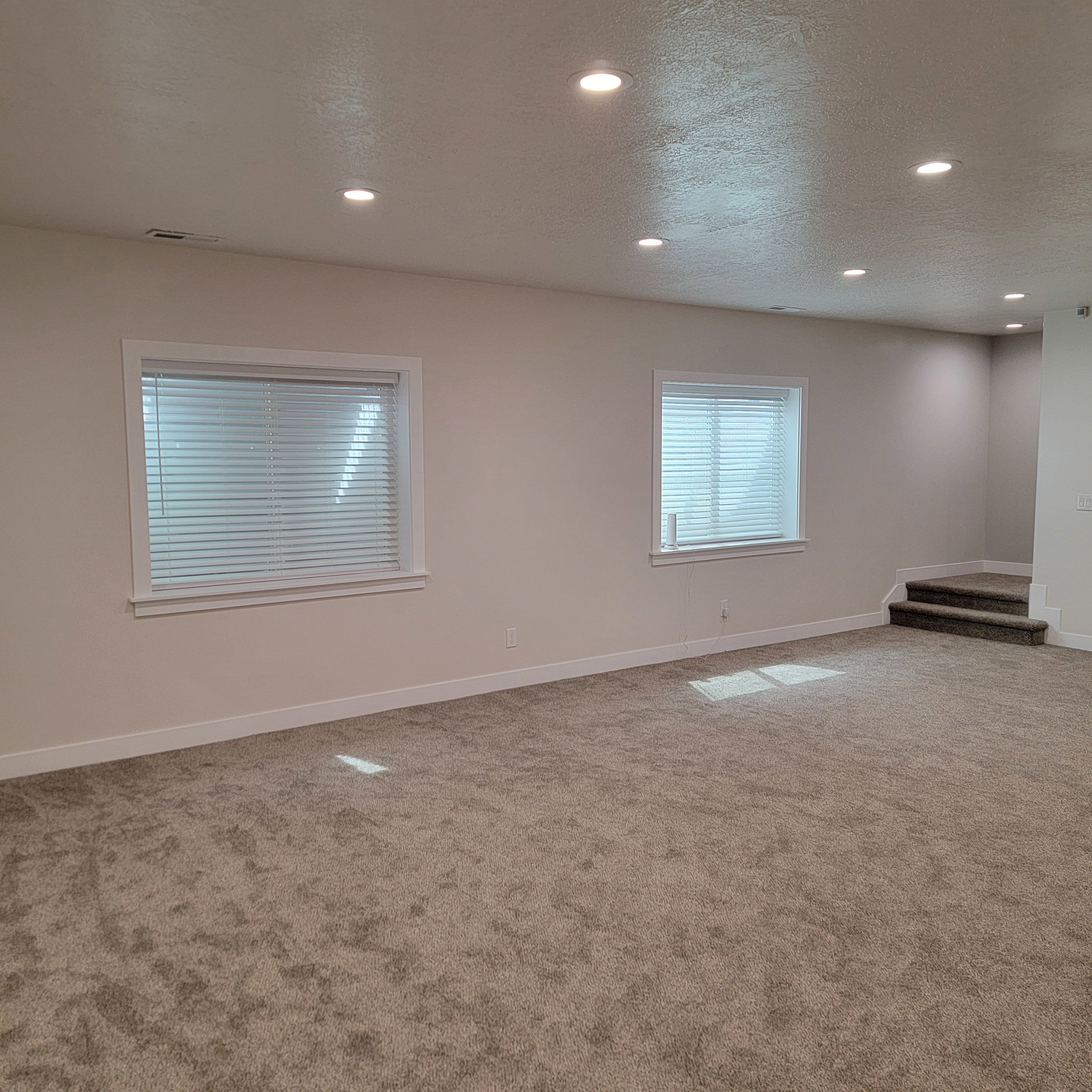Spacious room featuring neutral carpeting, light-toned walls, and recessed ceiling lighting