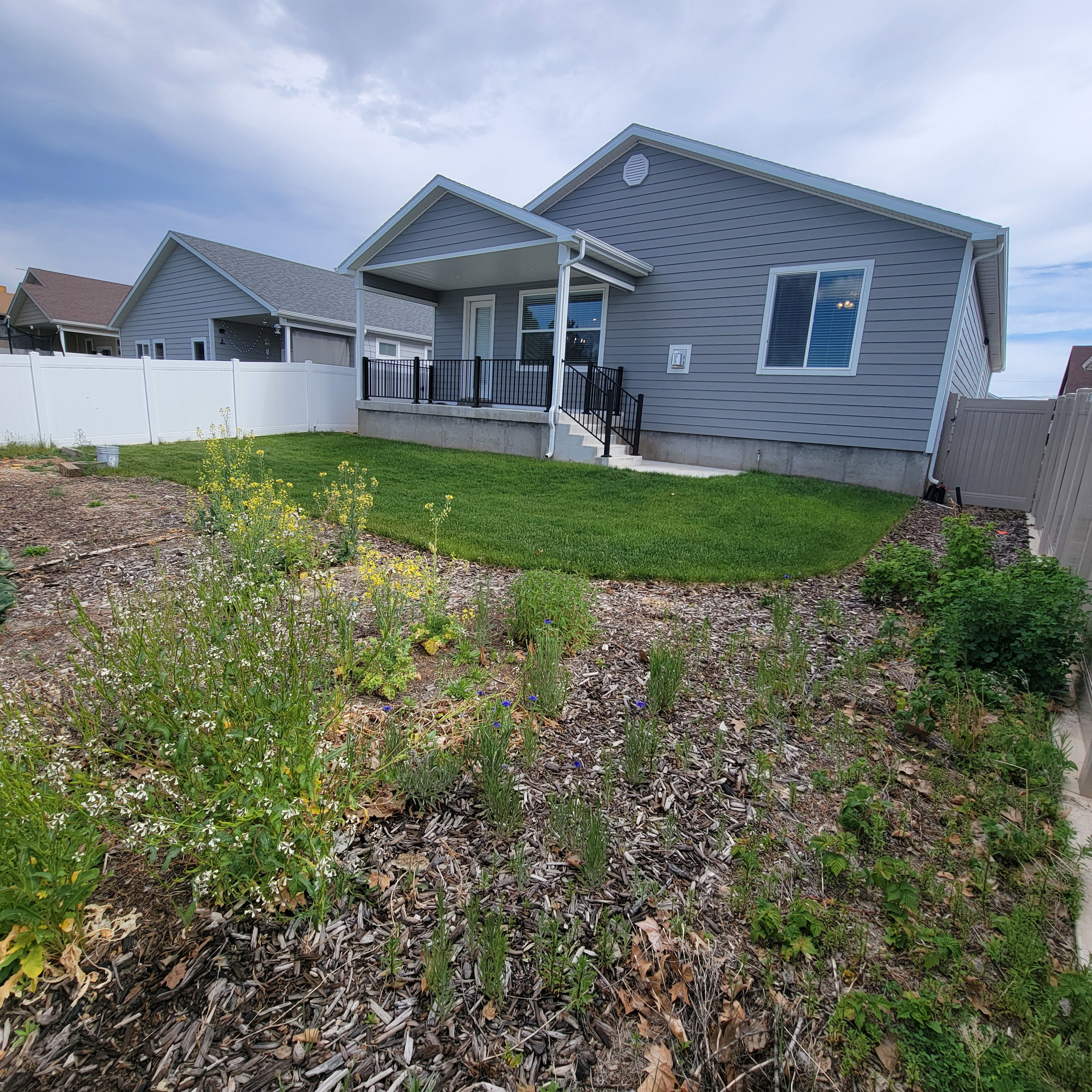 Rear exterior featuring gray siding, a covered porch with black railings, and a manicured lawn