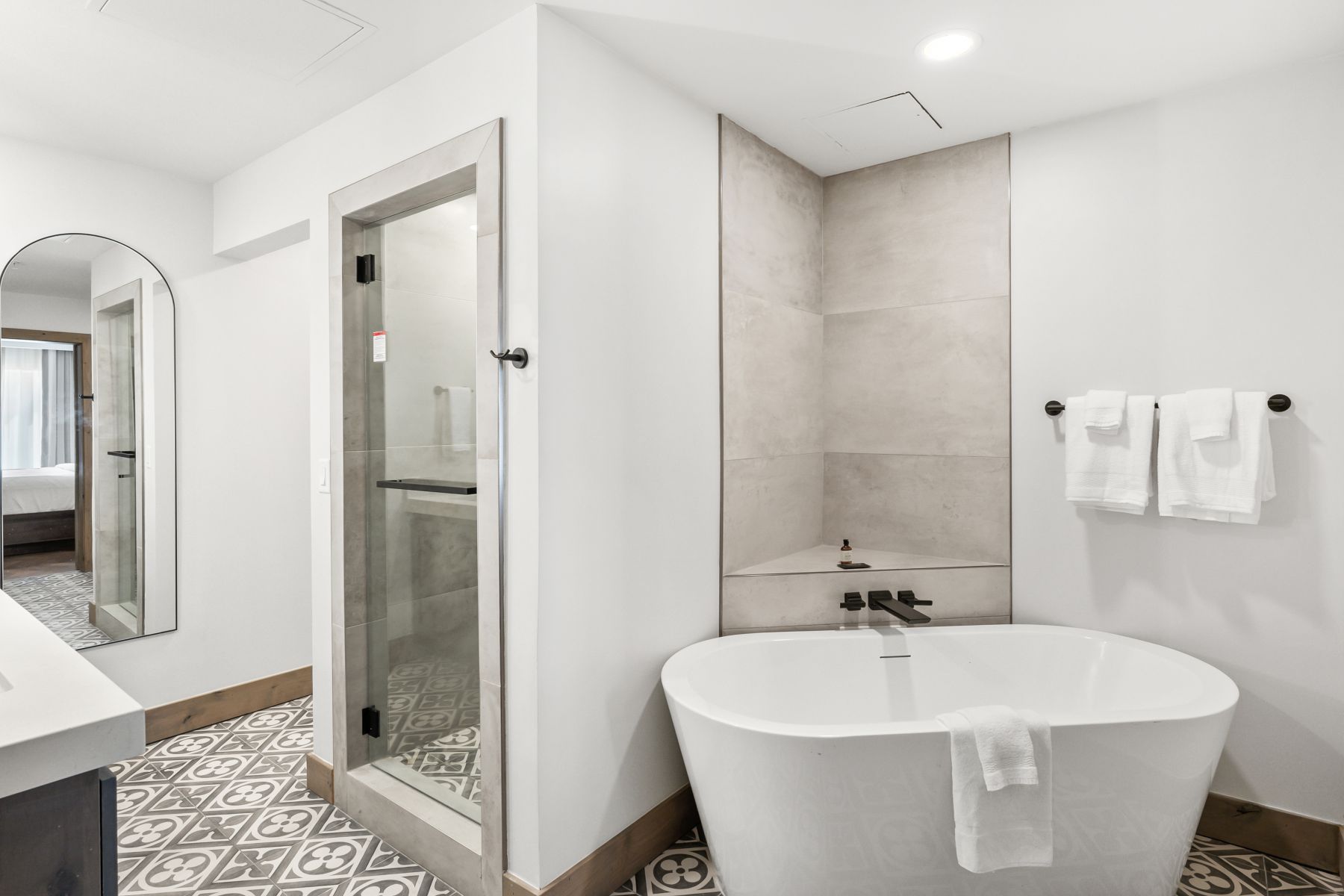 Modern bathroom featuring a freestanding soaking tub, a frameless glass shower enclosure, and intricate patterned floor tiles