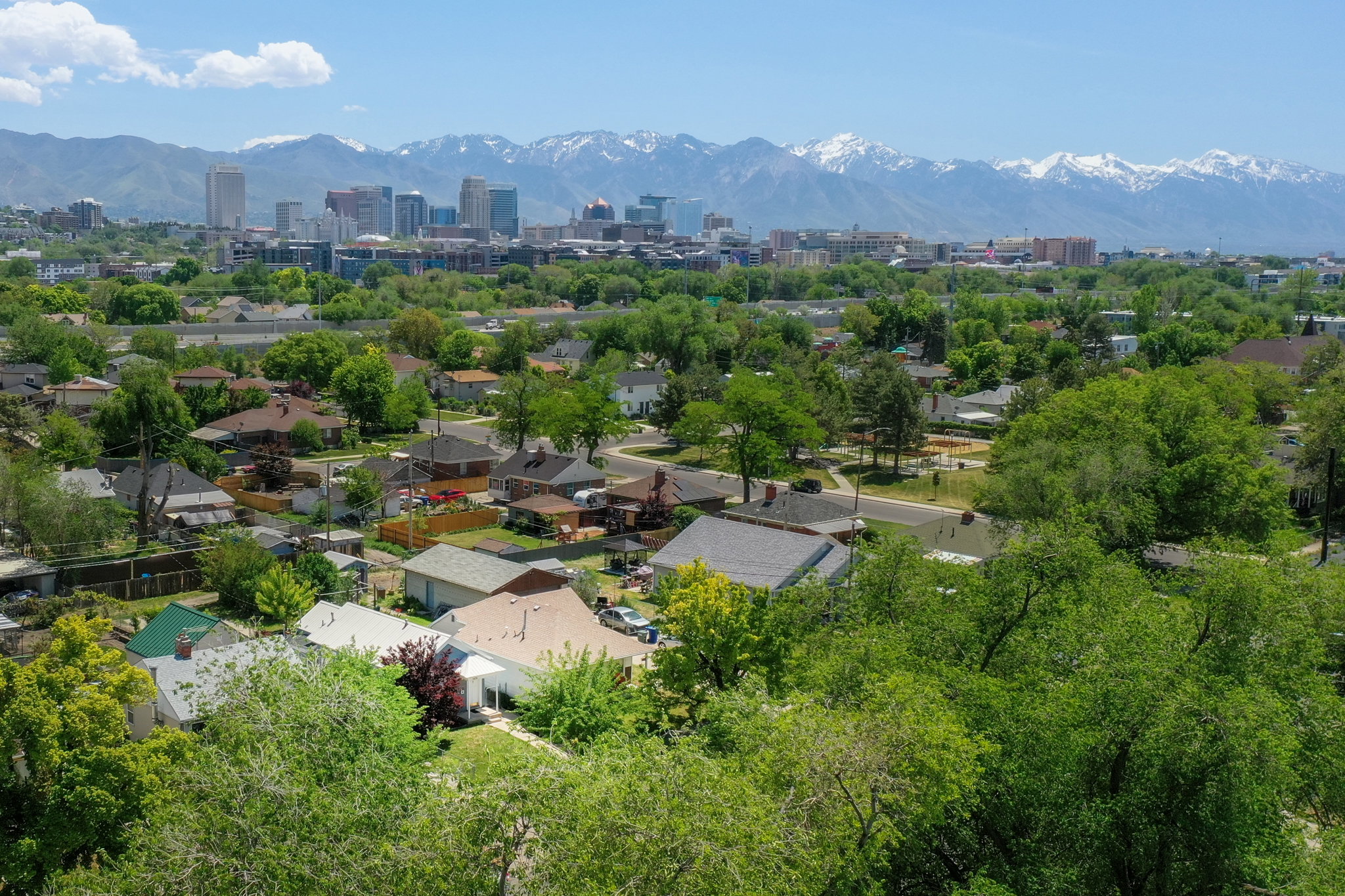 City skyline backdrop framed by snow-capped mountains