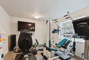 Dedicated fitness space featuring neutral wall tones, textured carpet flooring, and a wall-mounted television