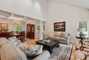 Vaulted ceilings define this living space, featuring wood-finish flooring and white plantation shutters