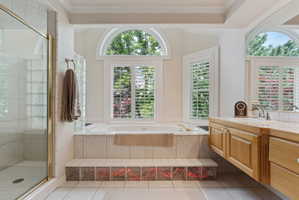 Master bath jetted tub and tiled shower