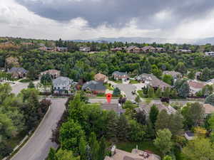 Aerial perspective showcasing a residential neighborhood with varied architectural styles