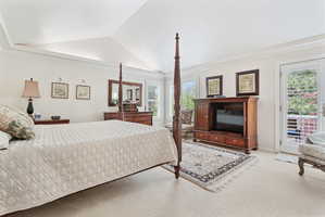 Vaulted ceiling featuring a central light fixture, carpeted flooring, white plantation shutters, and a glass-paned door