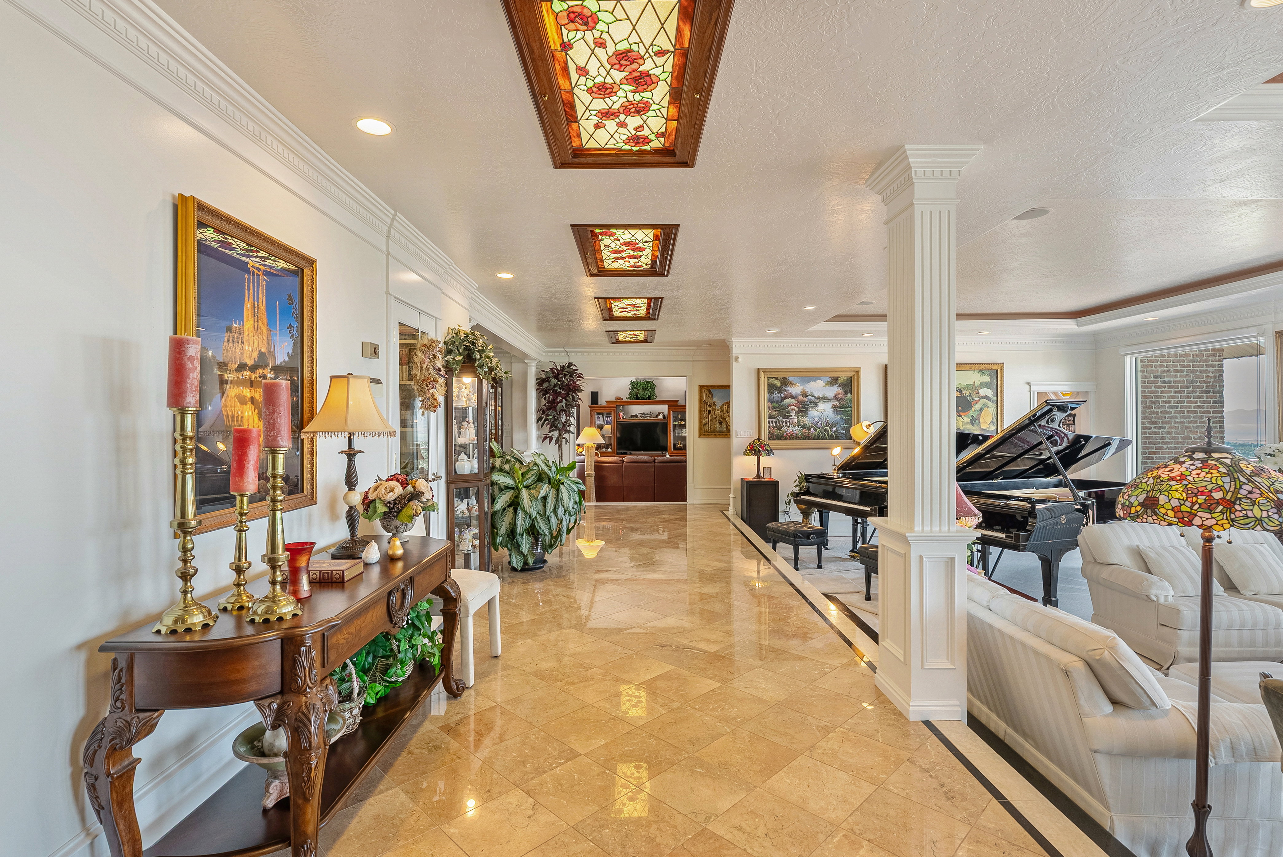 Polished tile flooring extending through a spacious interior