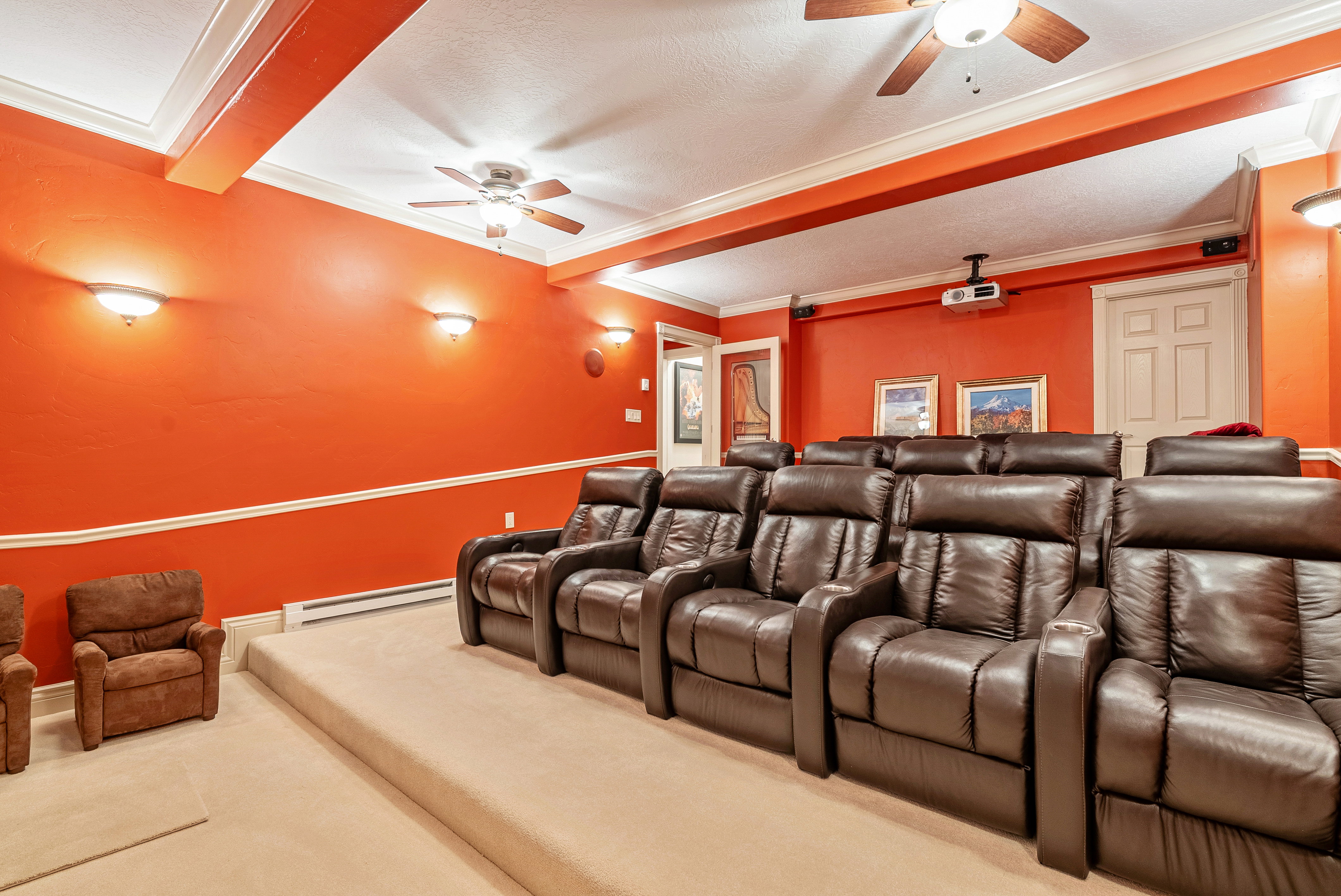 Dedicated media room with tiered seating