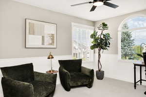 Bright room featuring multiple windows with horizontal blinds, a large arched window, a black ceiling fan with an integrated light, and white wainscoting