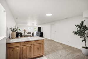 Built-in wet bar with wood-finish cabinetry, a single basin sink, and ample countertop space