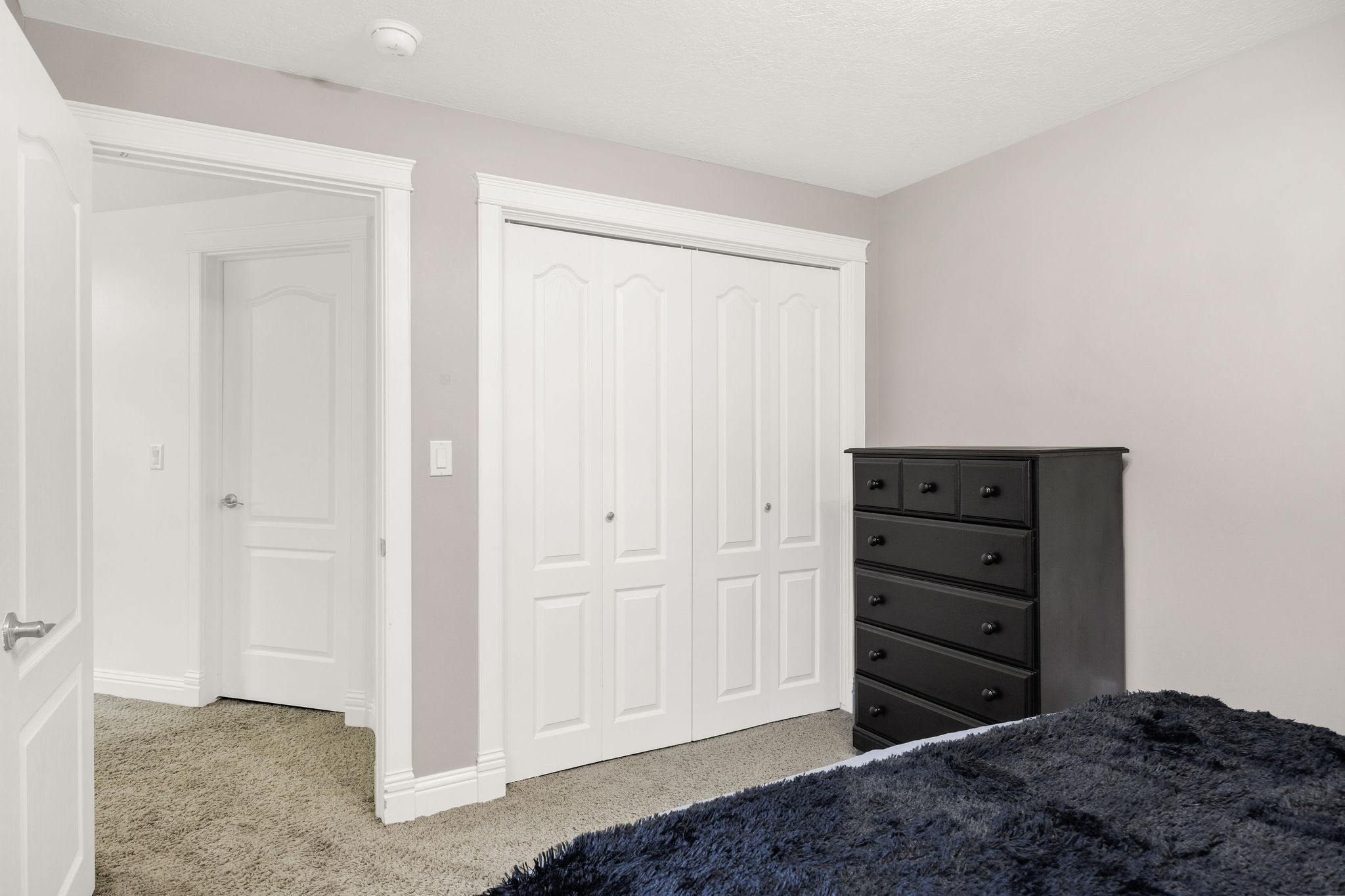 Interior room featuring neutral wall paint, white trim, and light gray carpeting