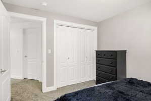 Interior room featuring neutral wall paint, white trim, and light gray carpeting