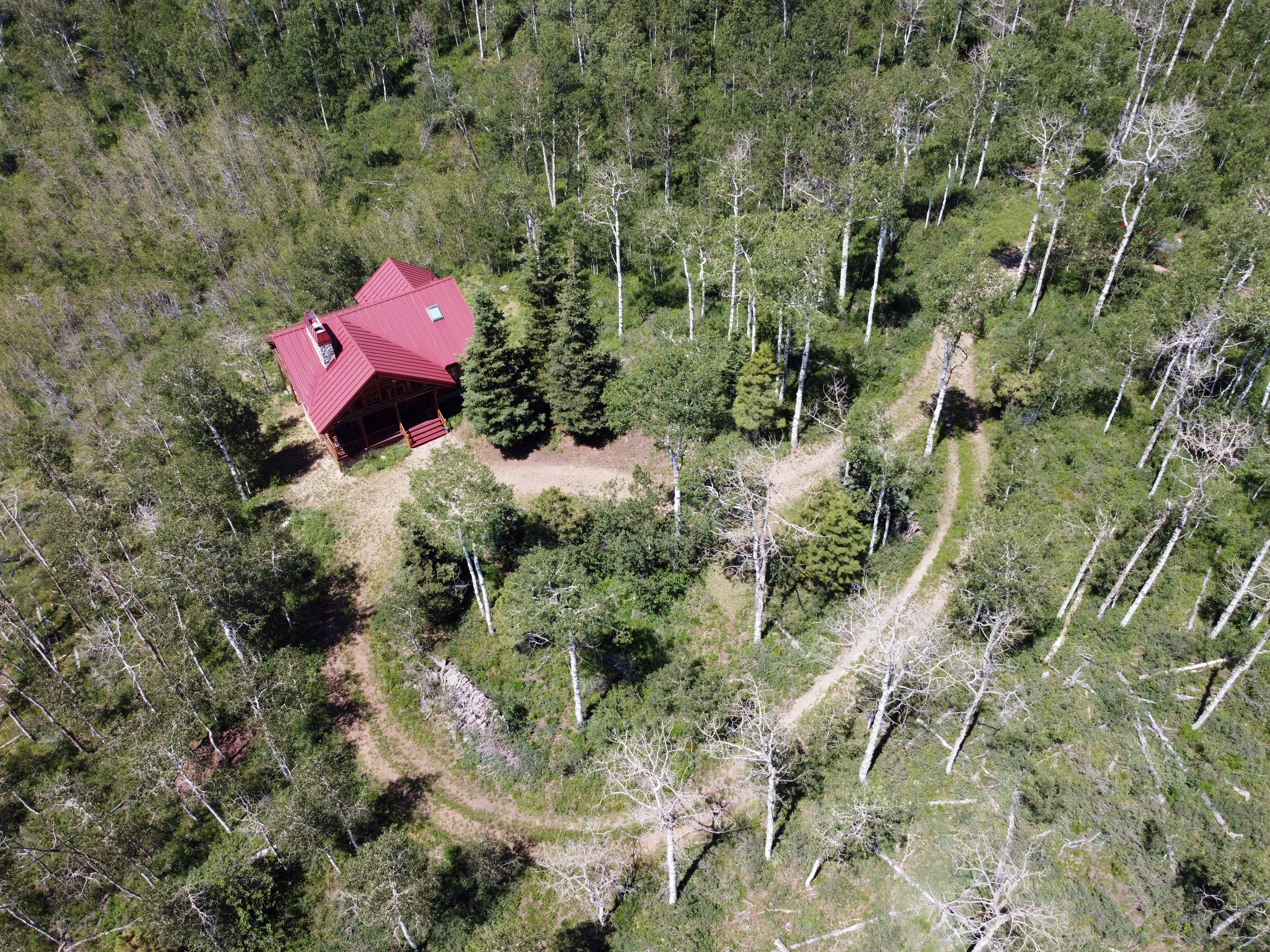 Aerial view of the property and the circular driveway.