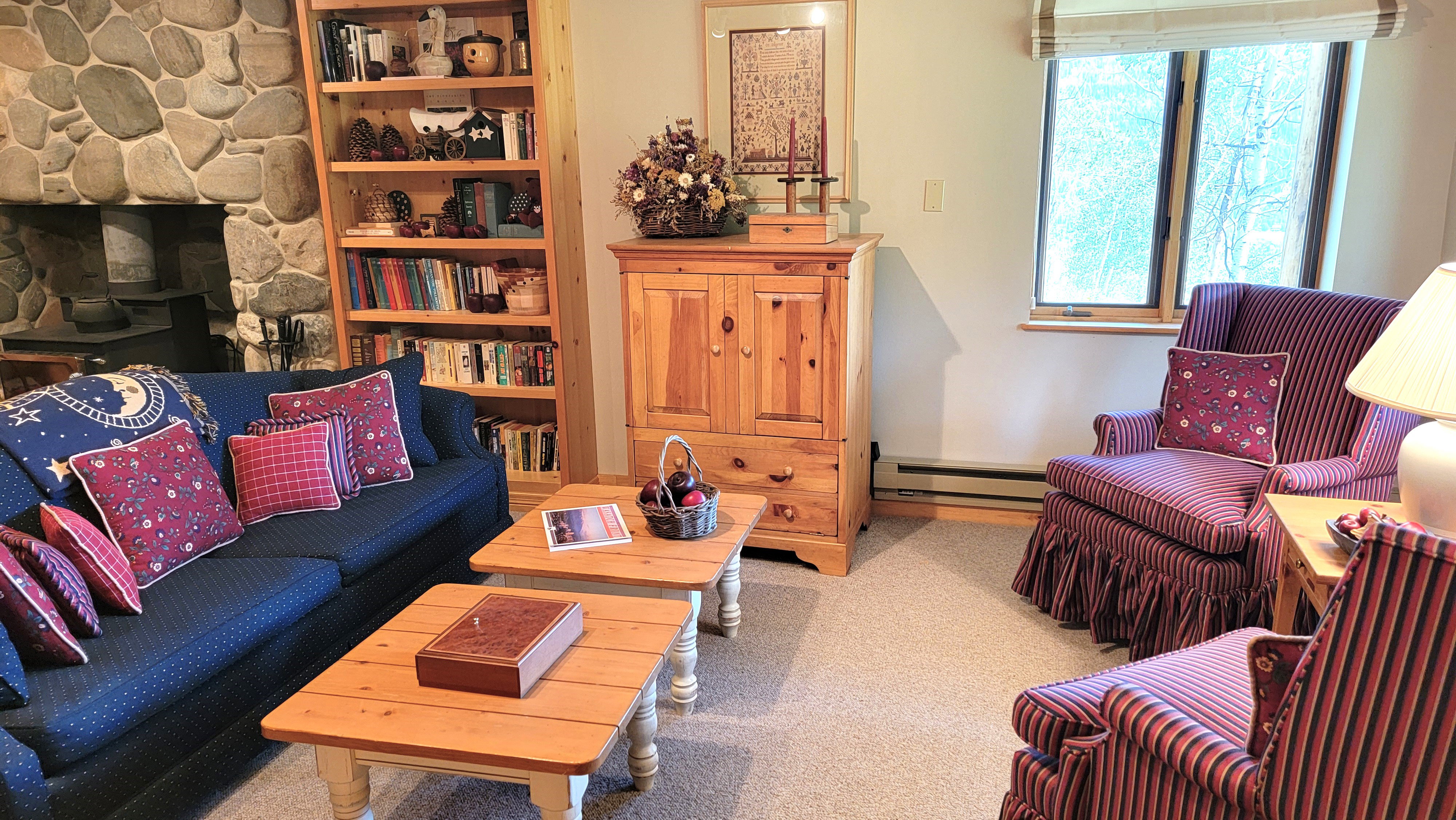 Seating area with a media cabinet, roman shades, a built in bookcase and wool Berber carpet.