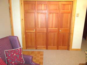 Side view of the steel door to the lower level family room and adjacent parquet flooring. There is an extra deep storage closet with shelving to hold all your party gear and linens.