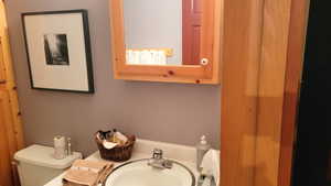There is a pine vanity and matching custom mirrored medicine cabinet.