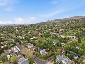 Expansive aerial perspective showcasing a residential neighborhood with varied architectural styles