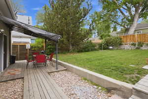 Expansive backyard featuring a wood-finish deck with an attached canopy, a concrete retaining wall, a gravel bed, and a green lawn bordered by a wood fence