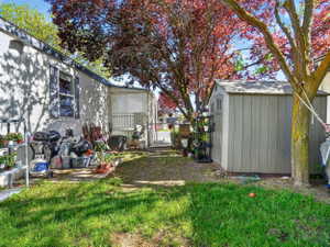 Side yard featuring a portable storage shed, mature trees, a chain-link fence, and a patio area