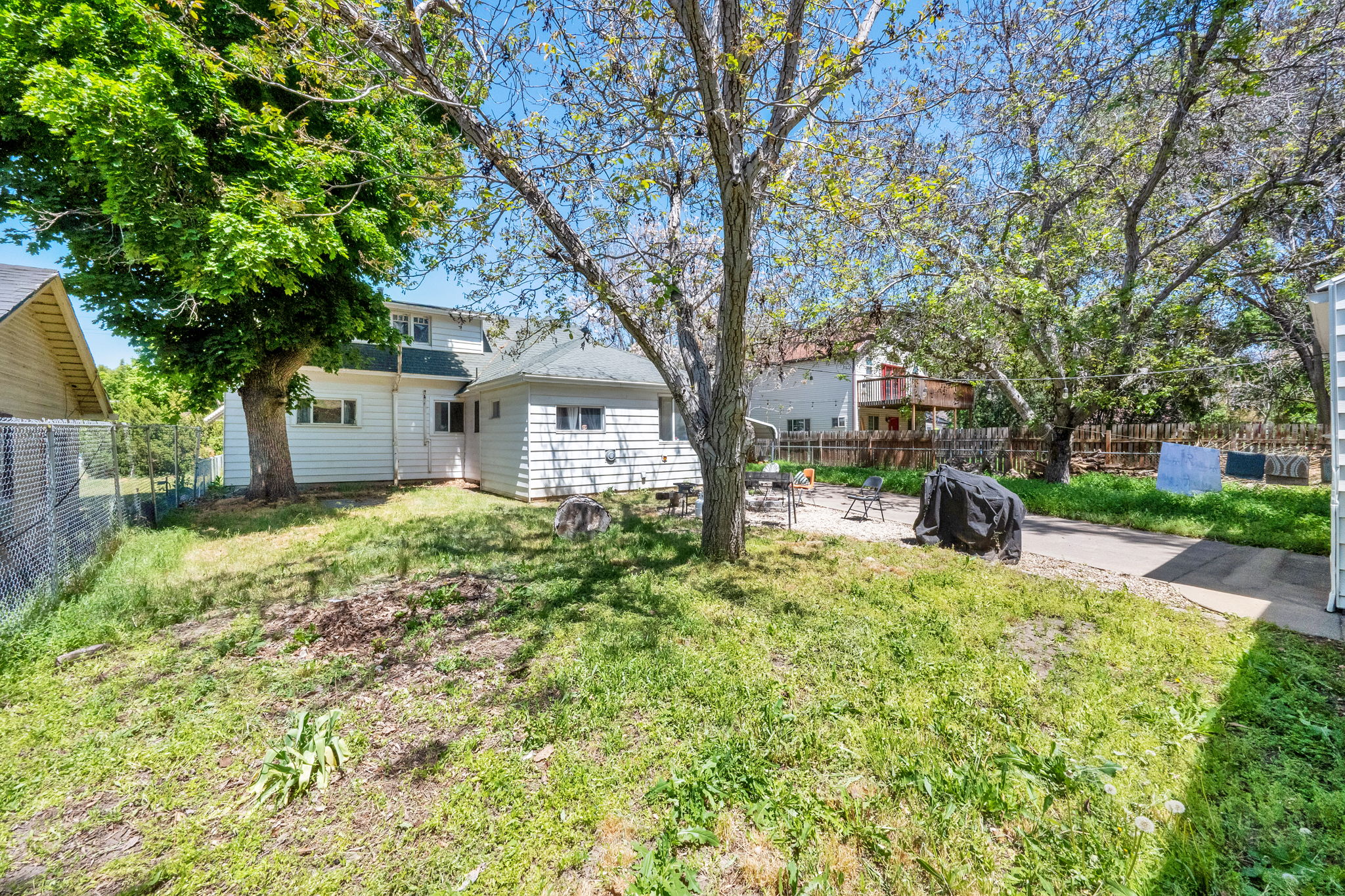 Expansive backyard featuring a mature tree, concrete patio area, and white siding on the rear of the residence
