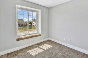 Windowed room featuring light gray walls, white trim, and a carpeted floor