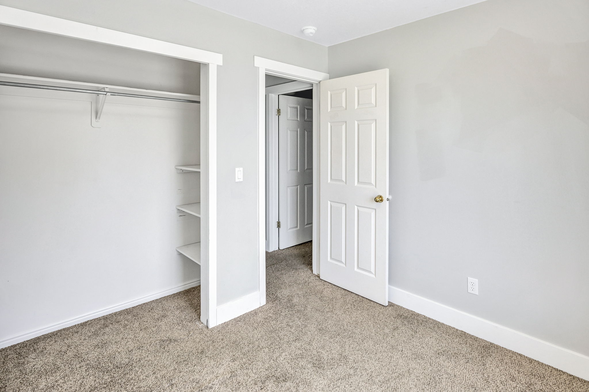 Room featuring light gray painted walls and neutral-toned carpet flooring