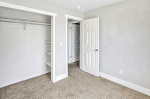 Room featuring light gray painted walls and neutral-toned carpet flooring