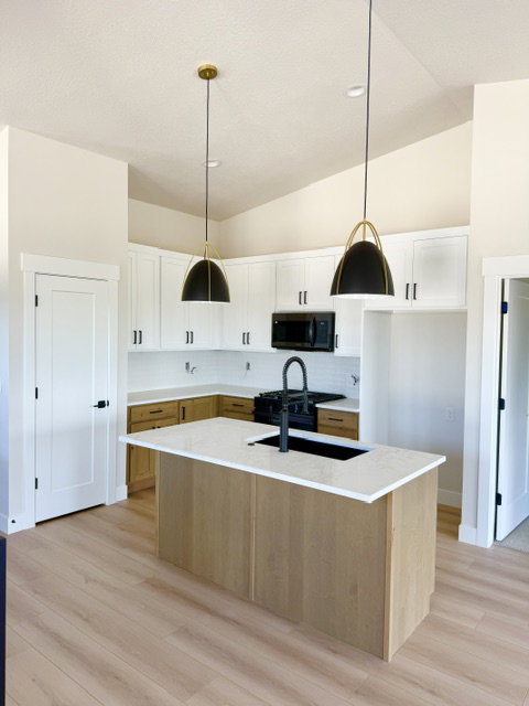 Modern kitchen featuring light wood-finish flooring and a vaulted ceiling