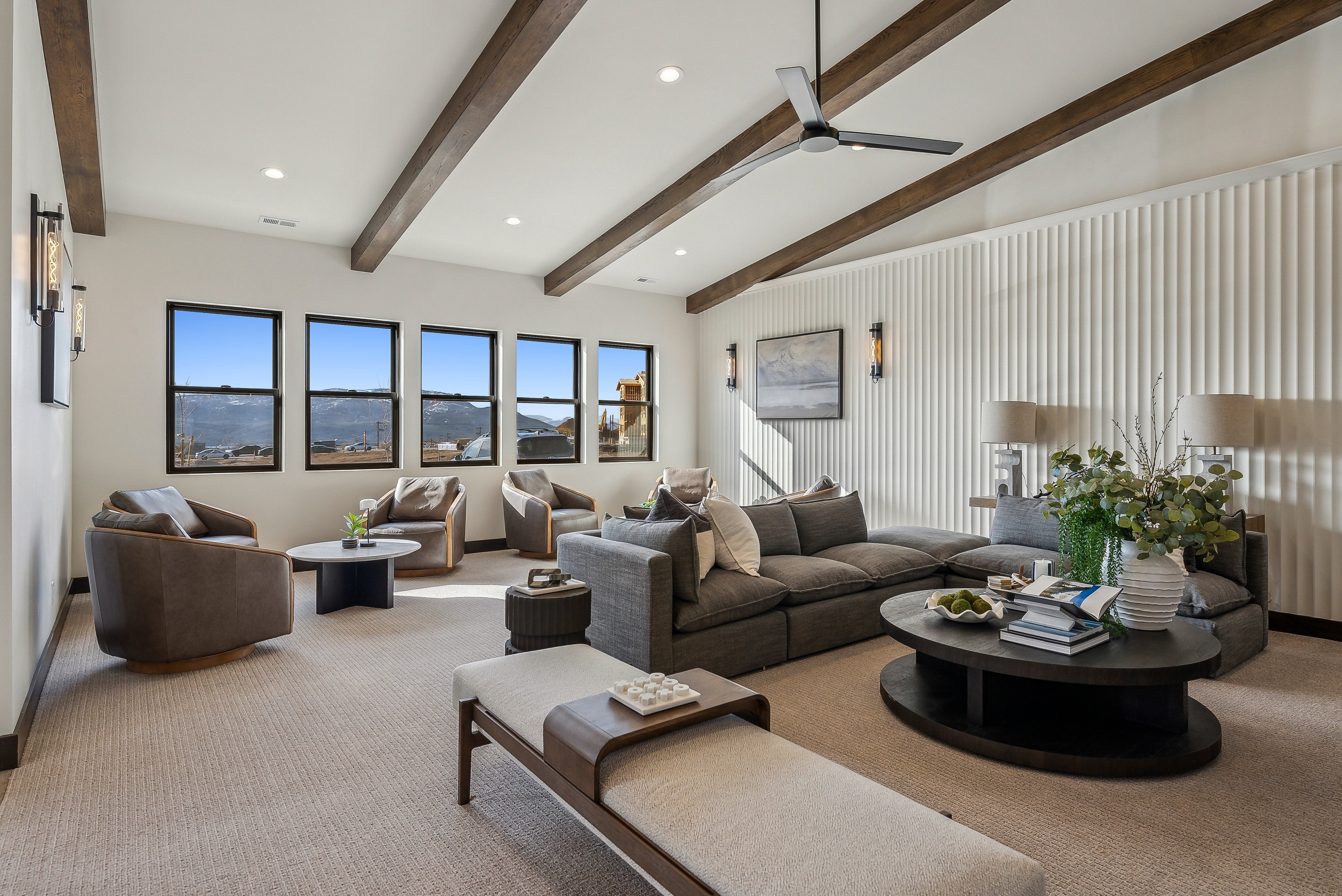 Vaulted ceiling with exposed wood beams