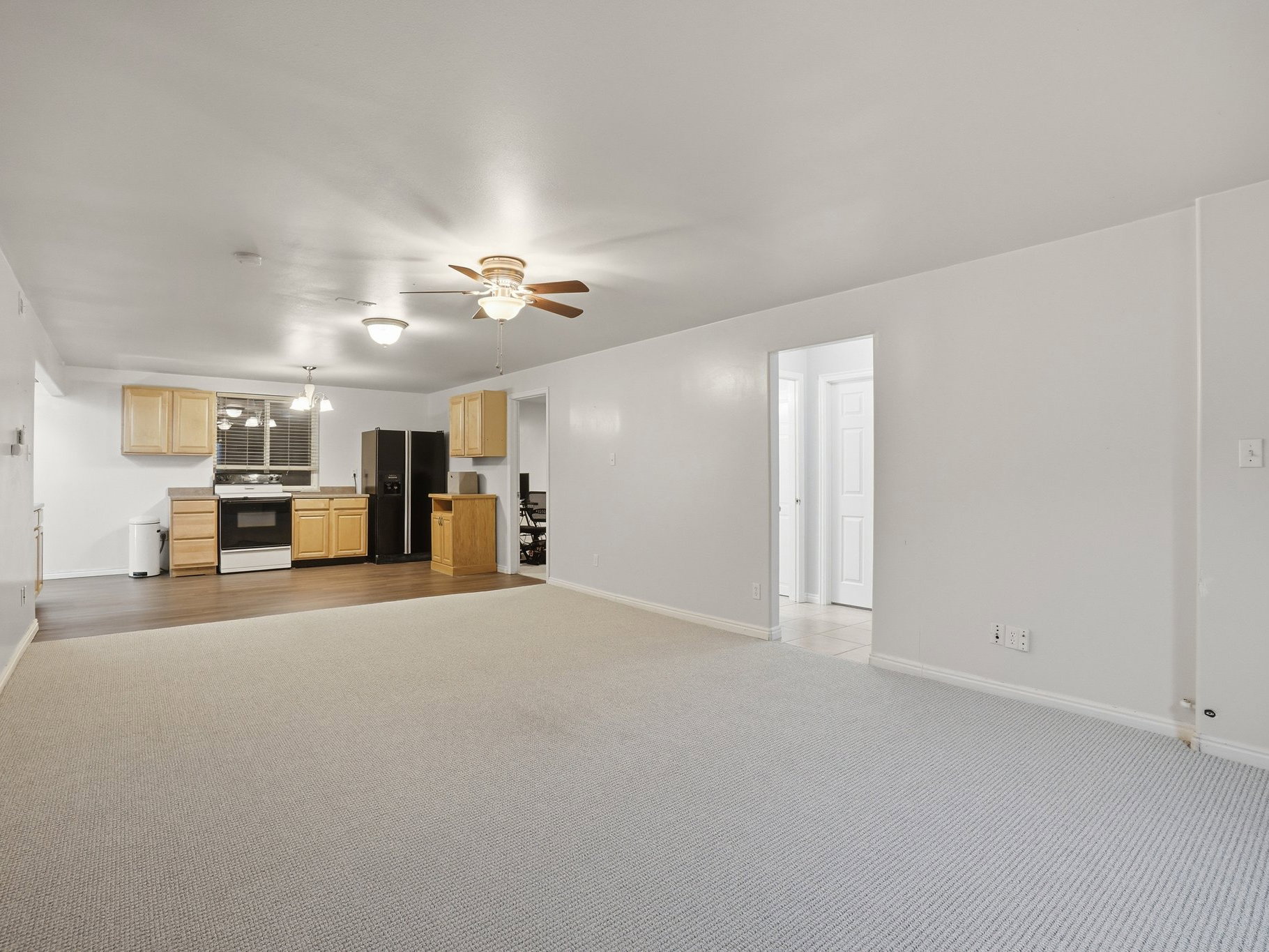 Open-concept living space featuring light-toned carpeting and wood-finish flooring