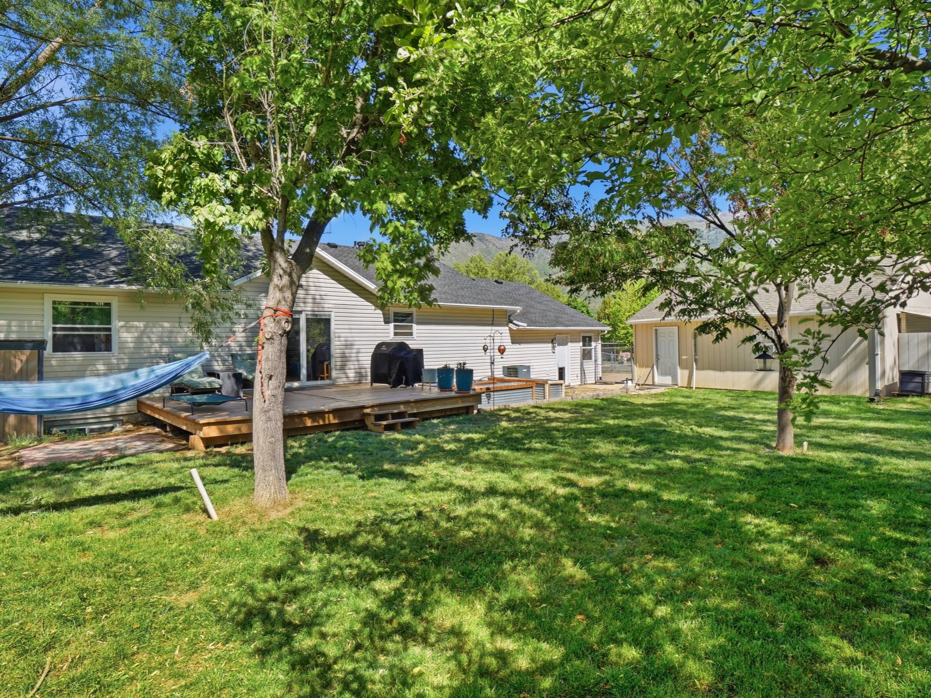 Expansive backyard featuring a manicured lawn, mature trees, and a wooden deck
