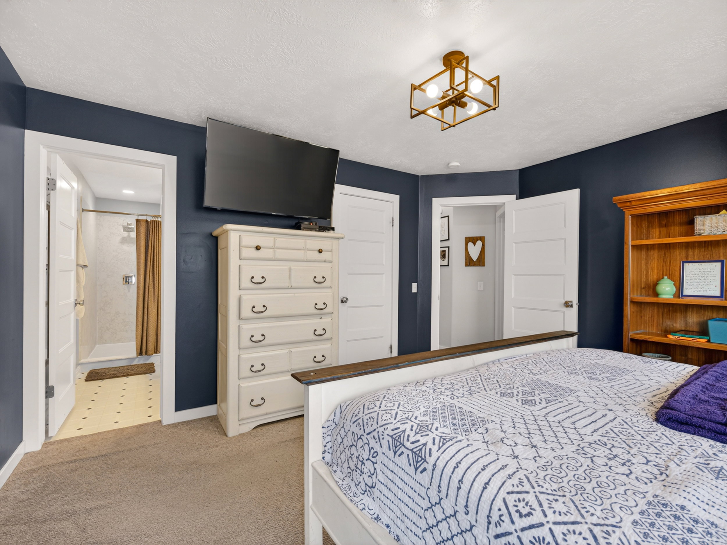 Primary bedroom featuring a ceiling-mounted light fixture, plush carpet, and a wood-finish built-in shelving unit