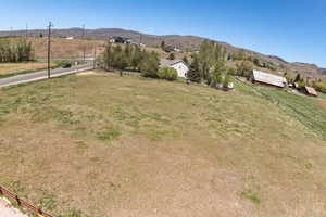 Expansive grassy land featuring a paved road, scattered trees, and distant residential structures