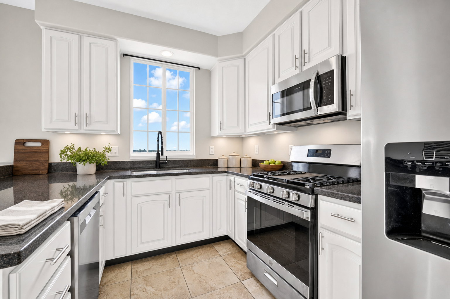 White cabinetry with dark countertops