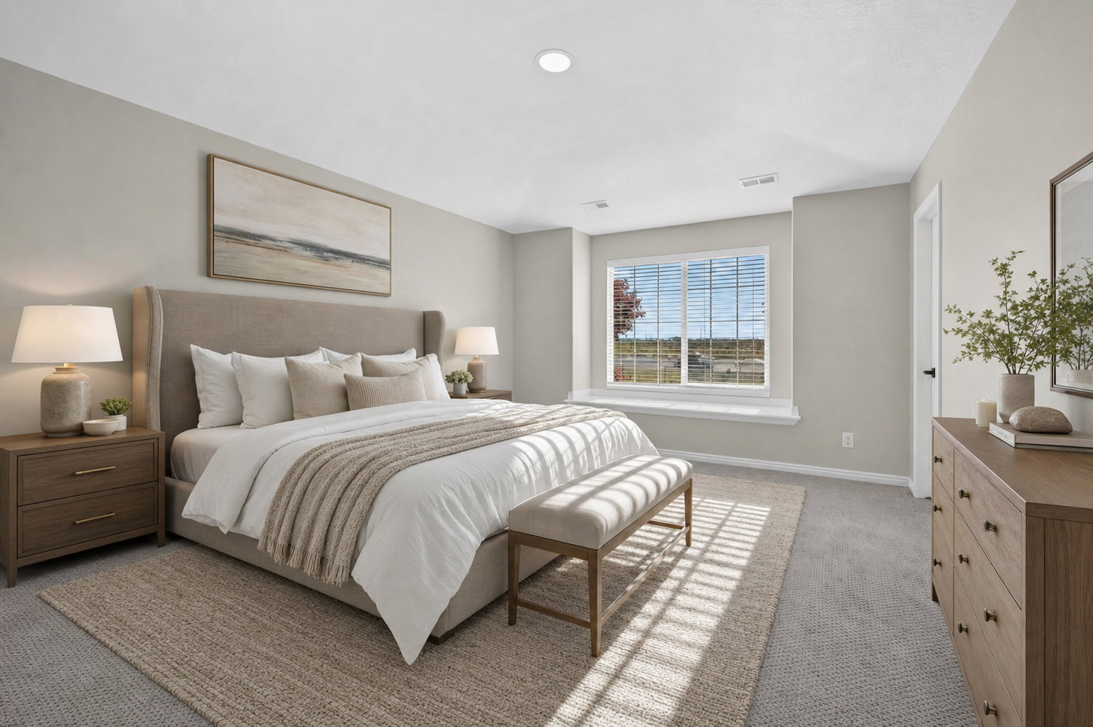 Windowed room featuring a neutral color palette, recessed lighting, and carpeted flooring