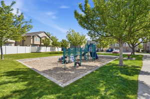 Dedicated playground area featuring a multi-level play structure, slide, and tire swing