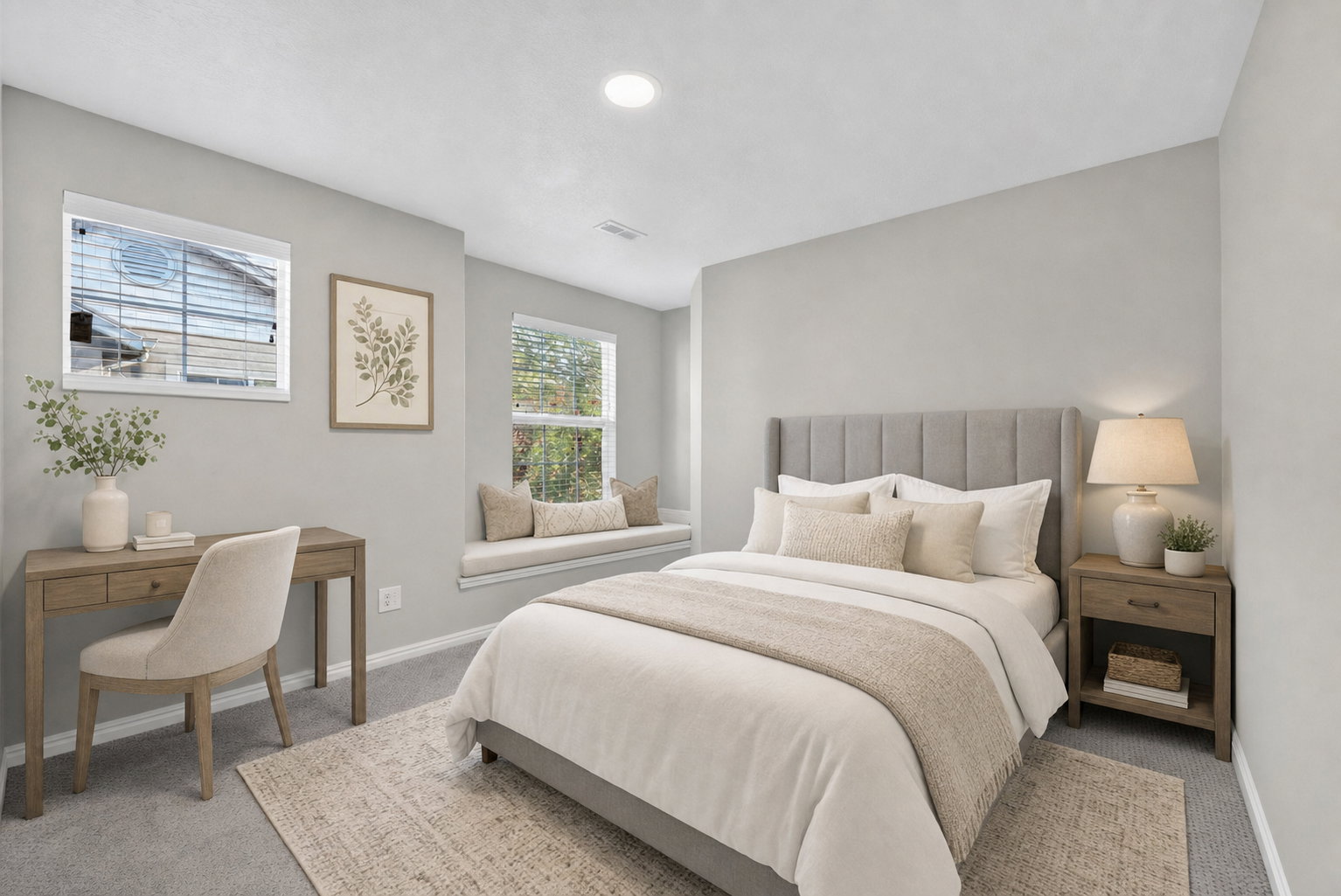 Bedroom featuring light gray wall paint, carpeting, a built-in window seat, recessed lighting, and a window with blinds