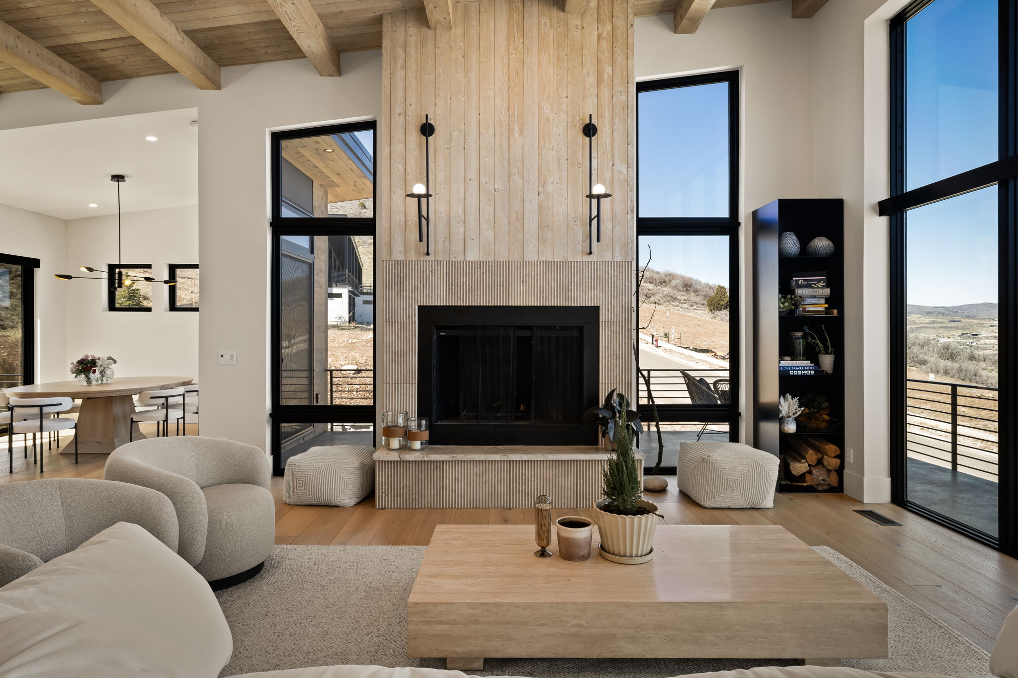 Vaulted ceiling with exposed wood beams