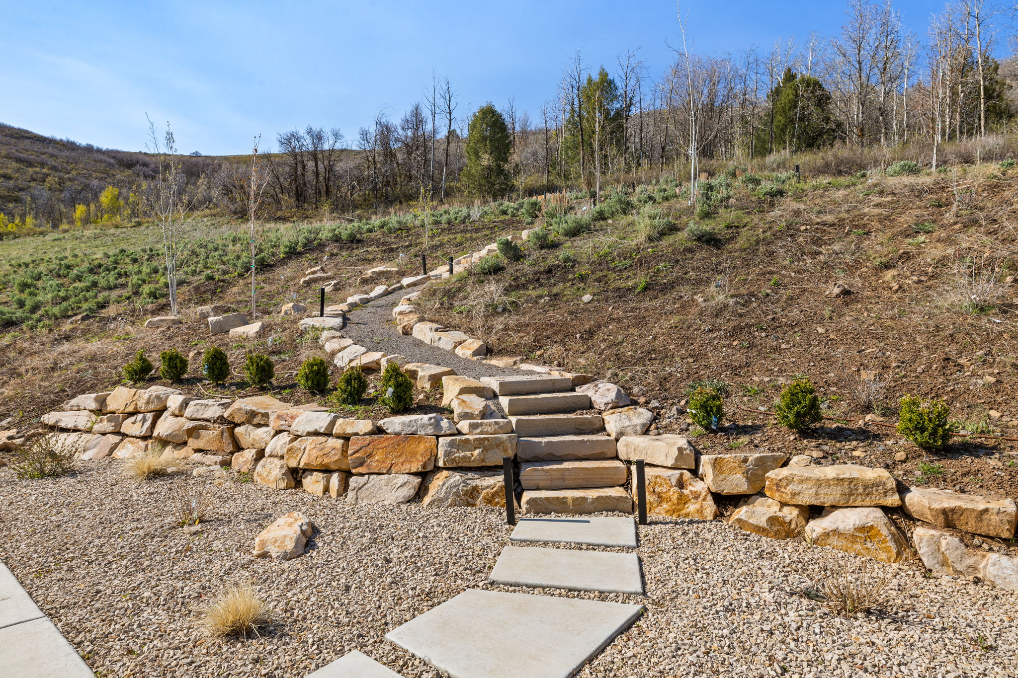 Terraced landscape featuring natural stone retaining walls and a gravel path with integrated square stepping stones