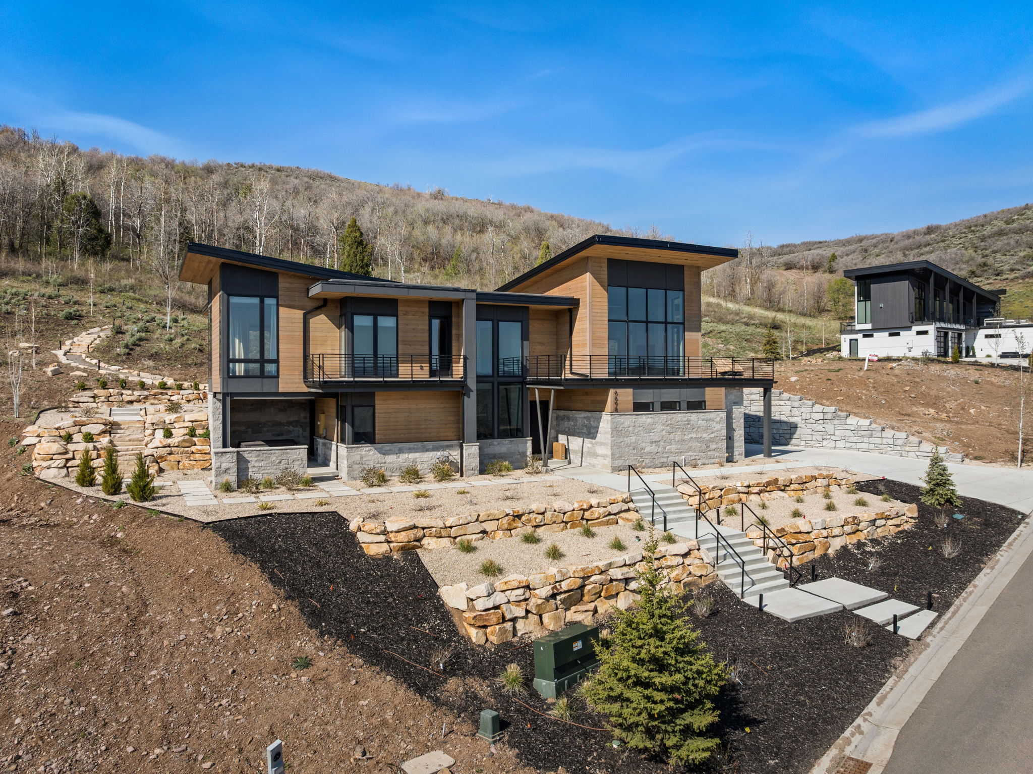 Modern architectural style featuring light wood-finish siding and dark trim