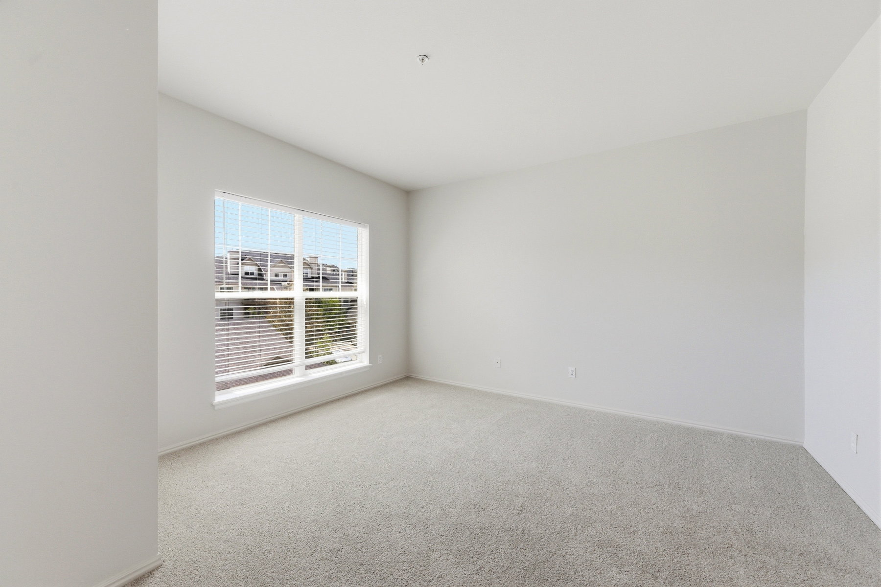 Spacious room featuring neutral carpeting, light-toned walls, and a large window with horizontal blinds