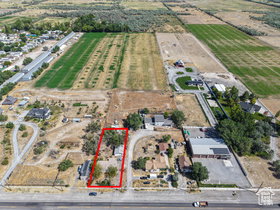 Aerial overview showcasing a rectangular property outlined in red, featuring mature trees and a single-story structure