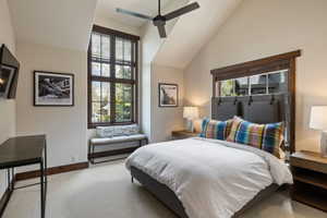 Carpeted room featuring a vaulted ceiling and a tall multi-pane window with dark wood trim and integrated blinds